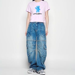 WIDE DENIM FATIGUE CARGO PANTS BLUE