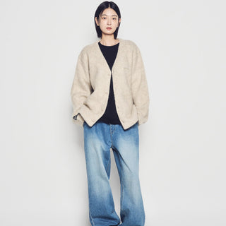 V NECK SOLID CARDIGAN BEIGE
