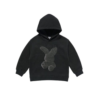 KIDS FUZZY RABBIT HOODIE BLACK