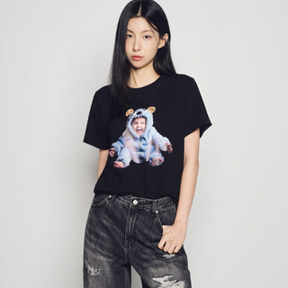WOMAN BABY FACE MONSTER BABY SHORT SLEEVE T-SHIRT BLACK