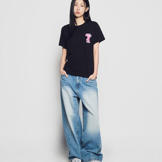 WOMAN FUZZY FONT RABBIT SHORT SLEEVE T-SHIRT BLACK