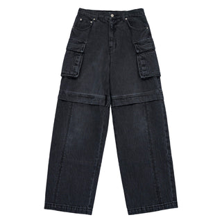 SEGREGATED POCKET DENIM SET UP PANTS BLACK