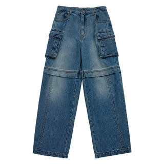 SEGREGATED POCKET DENIM SET UP PANTS BLUE