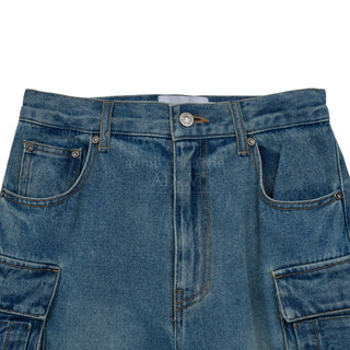 SEGREGATED POCKET DENIM SET UP PANTS BLUE