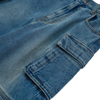 SEGREGATED POCKET DENIM SET UP PANTS BLUE