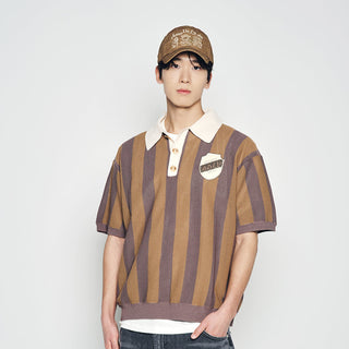 COLLAR POINT STRIPE SHORT SLEEVE KNIT BROWN