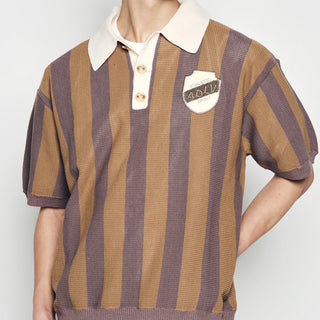 COLLAR POINT STRIPE SHORT SLEEVE KNIT BROWN