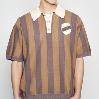 COLLAR POINT STRIPE SHORT SLEEVE KNIT BROWN