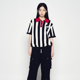 COLLAR POINT STRIPE SHORT SLEEVE KNIT BLACK