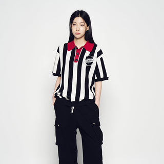 COLLAR POINT STRIPE SHORT SLEEVE KNIT BLACK