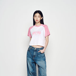 SPACE RABBIT RAGLAN CROP SHORT SLEEVE T-SHIRT LIGHT PINK