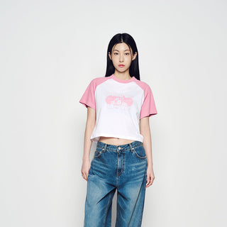 SPACE RABBIT RAGLAN CROP SHORT SLEEVE T-SHIRT LIGHT PINK