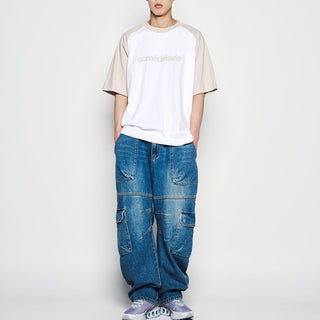 WIDE DENIM FATIGUE CARGO PANTS BLUE