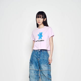 ALIEN BEAR CROP SHORT SLEEVE T-SHIRT-LIGHT PURPLE