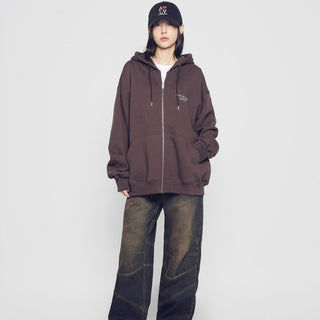 BASIC LOGO NAPPING HOODIE ZIP UP DARK BROWN