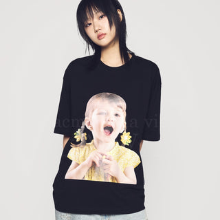 FLOWER EARRINGS GIRL BABY FACE SHORT SLEEVE T-SHIRT (OVERSEAS EXCLUSIVE) BLACK