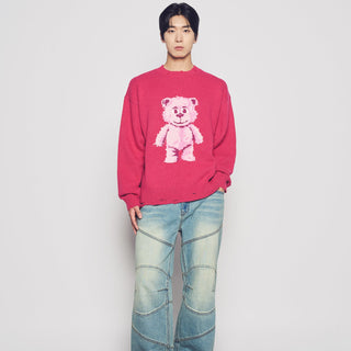 DISTRESSED BEAR WOOL KNIT HOT PINK