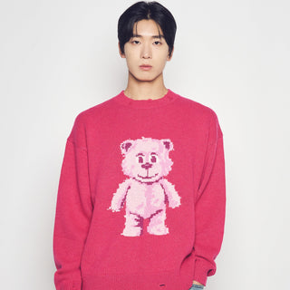 DISTRESSED BEAR WOOL KNIT HOT PINK