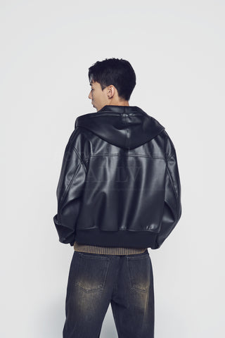 VEGAN LEATHER HOODIE JACKET BLACK