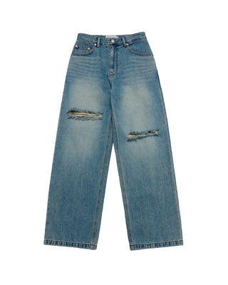 WOMAN OPEN CUTTING DENIM PANTS BLUE