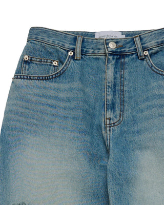 WOMAN OPEN CUTTING DENIM PANTS BLUE