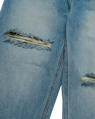 WOMAN OPEN CUTTING DENIM PANTS BLUE