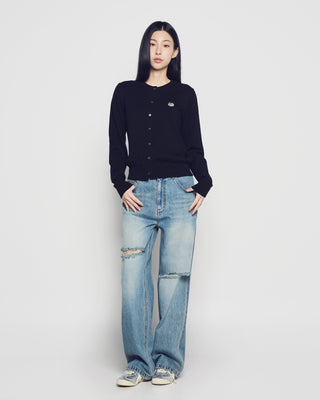 WOMAN OPEN CUTTING DENIM PANTS BLUE