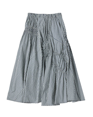 WOMAN CHECK SHIRRING LONG SKIRT BLUE