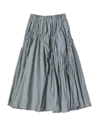 WOMAN CHECK SHIRRING LONG SKIRT BLUE