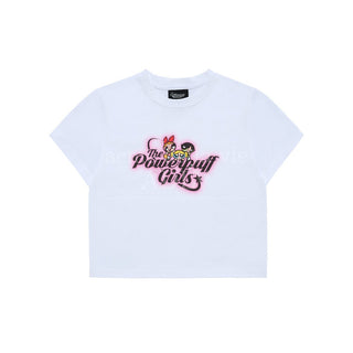 The Powerpuff Girls x acmedelavie gradient curlylogo crop t-shirts WHITE