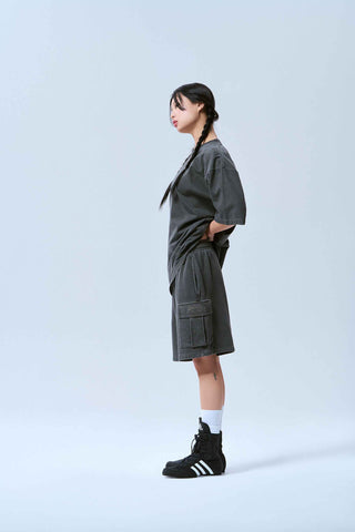 MIDDLE AGE LOGO PIGMENT WASHING CARGO SHORT PANTS CHARCOAL