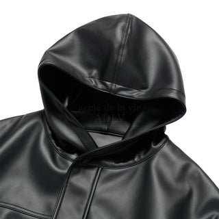 VEGAN LEATHER HOODIE JACKET BLACK