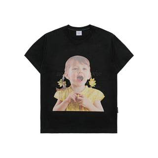 FLOWER EARRINGS GIRL BABY FACE SHORT SLEEVE T-SHIRT (OVERSEAS EXCLUSIVE) BLACK