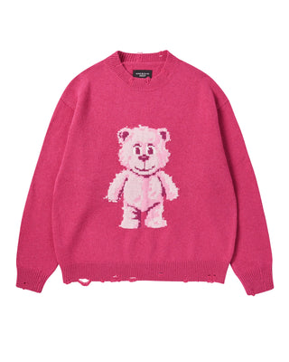 DISTRESSED BEAR WOOL KNIT HOT PINK
