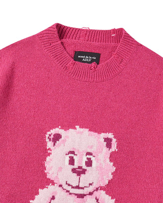 DISTRESSED BEAR WOOL KNIT HOT PINK