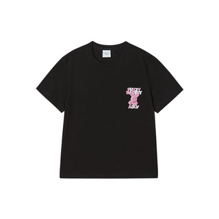 WOMAN FUZZY FONT RABBIT SHORT SLEEVE T-SHIRT BLACK