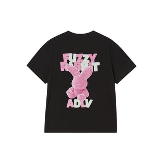 WOMAN FUZZY FONT RABBIT SHORT SLEEVE T-SHIRT BLACK