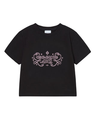WOMAN PRINCESS FONT CROP SHORT SLEEVE T-SHIRT BLACK
