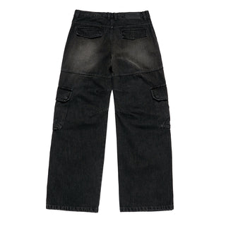 WIDE DENIM FATIGUE CARGO PANTS BLACK