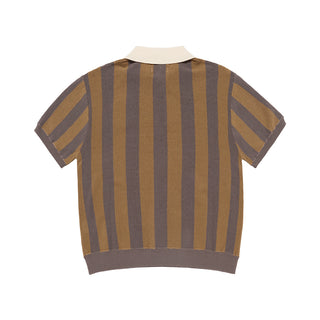 COLLAR POINT STRIPE SHORT SLEEVE KNIT BROWN