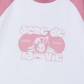 SPACE RABBIT RAGLAN CROP SHORT SLEEVE T-SHIRT LIGHT PINK