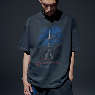MOBILE SUIT GUNDAM LAST SHOOTING PIGMENT WASHING SHORT SLEEVE T-SHIRT CHARCOAL