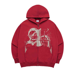 VINTAGE SYMBOL DESTROYED WASHING HOODIE ZIP UP RED