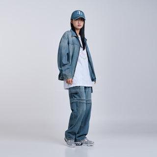 SEGREGATED POCKET DENIM SET UP PANTS BLUE