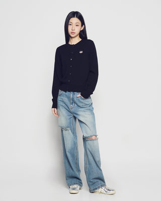 WOMAN OPEN CUTTING DENIM PANTS BLUE