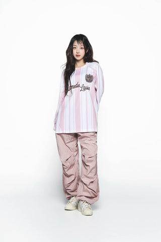 STRIPE FOOTBALL JERSEY LONG SLEEVE T-SHIRT LIGHT PINK