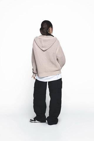 SOLID KNIT HOODIE ZIP UP LIGHT BEIGE