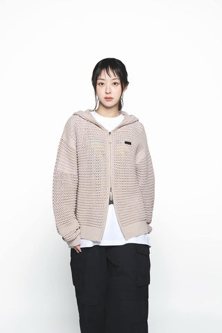 SOLID KNIT HOODIE ZIP UP LIGHT BEIGE