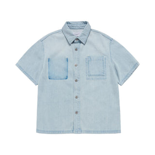OVERSIZE WASHING DENIM SHORT SLEEVE SHIRTS LIGHT BLUE