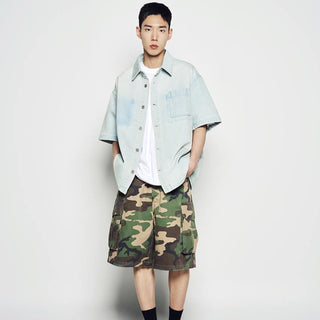 OVERSIZE WASHING DENIM SHORT SLEEVE SHIRTS LIGHT BLUE